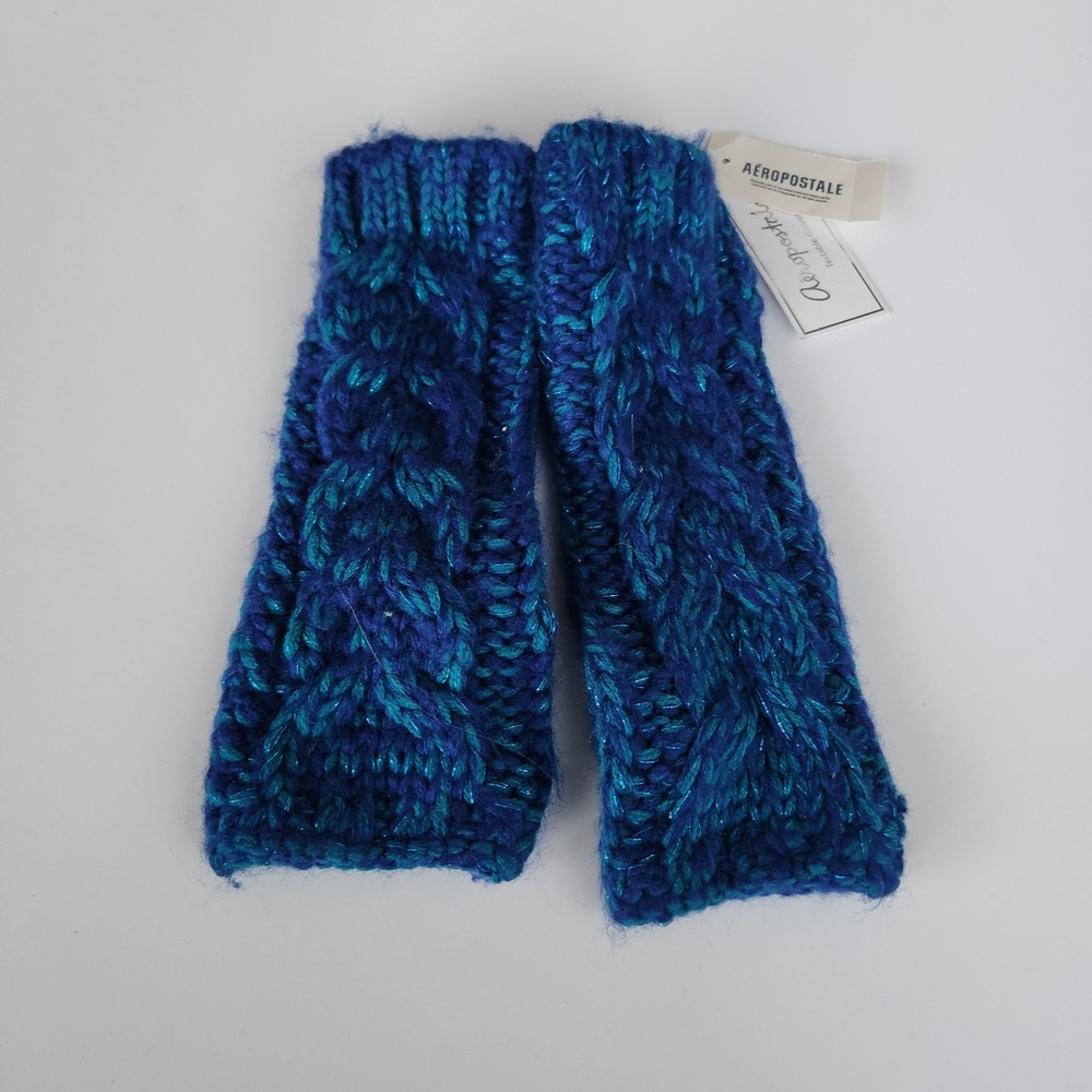Aeropostale Blue Teal Cable Knit Fingerless Textable Gloves Arm Warmers NWT - Picture 2 of 5